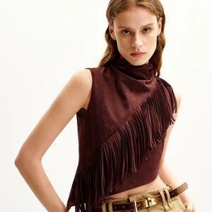 NWT JW PEI Adeline Asymetric Fringe Sueded Top Burgundy Sz.2